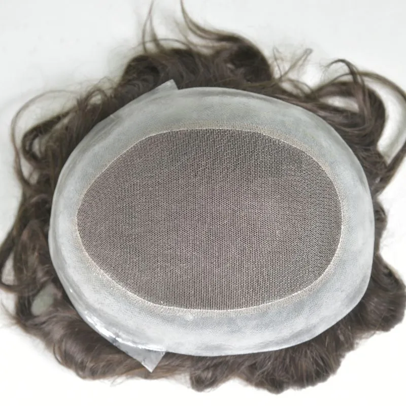 Men Toupee Durable Skin PU with Soft French Lace 2# Dark Brown 100%  Human Hair Piece Natural Hairline Hair System 8x10 Hair Replacement