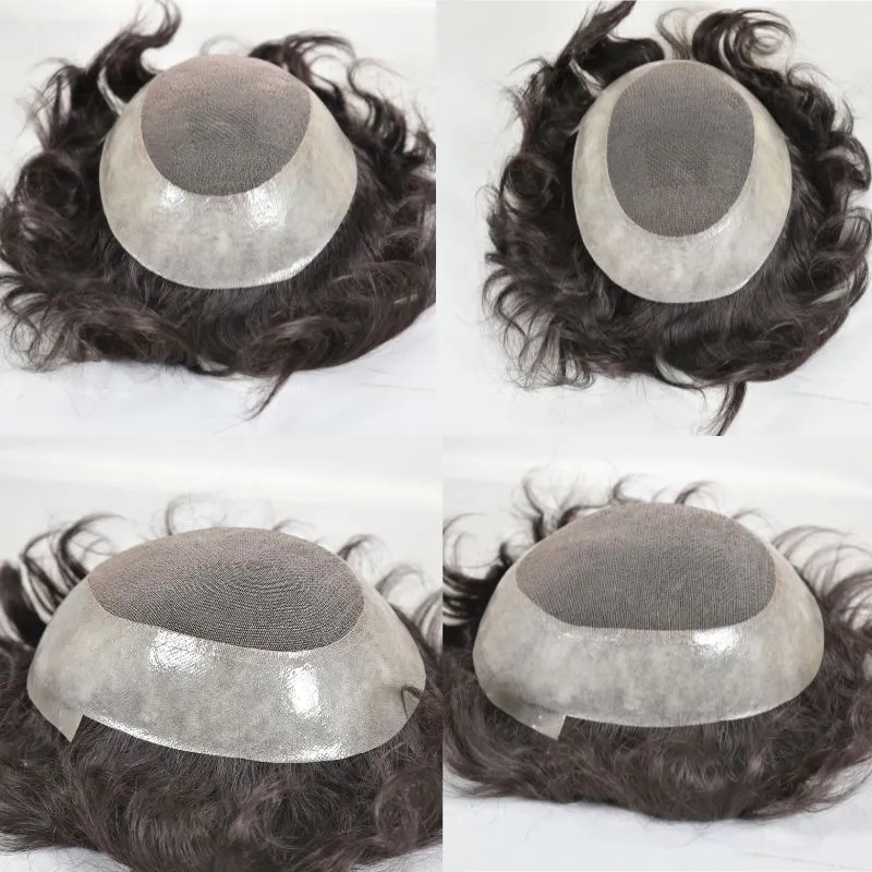 Men Toupee Durable Skin PU with Soft French Lace 1B# 100%  Human Hair Piece Natural Hairline Hair System 8x10 Hair Replacement