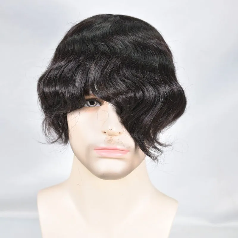 Men Toupee Durable Skin PU with Soft French Lace 1B# 100%  Human Hair Piece Natural Hairline Hair System 8x10 Hair Replacement
