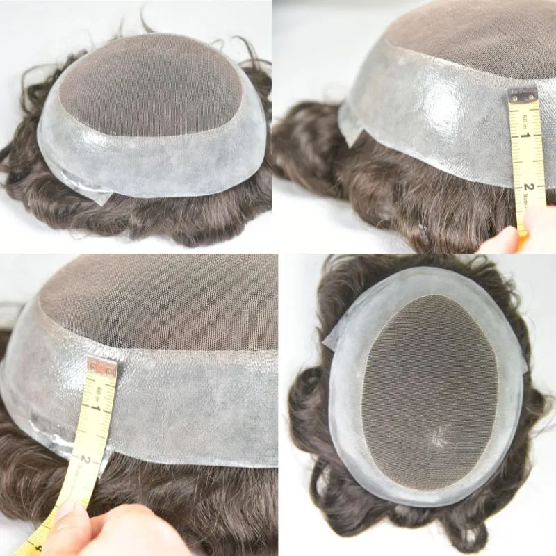 Men Toupee Durable Skin PU with Soft French Lace 2# Dark Brown 100%  Human Hair Piece Natural Hairline Hair System 8x10 Hair Replacement
