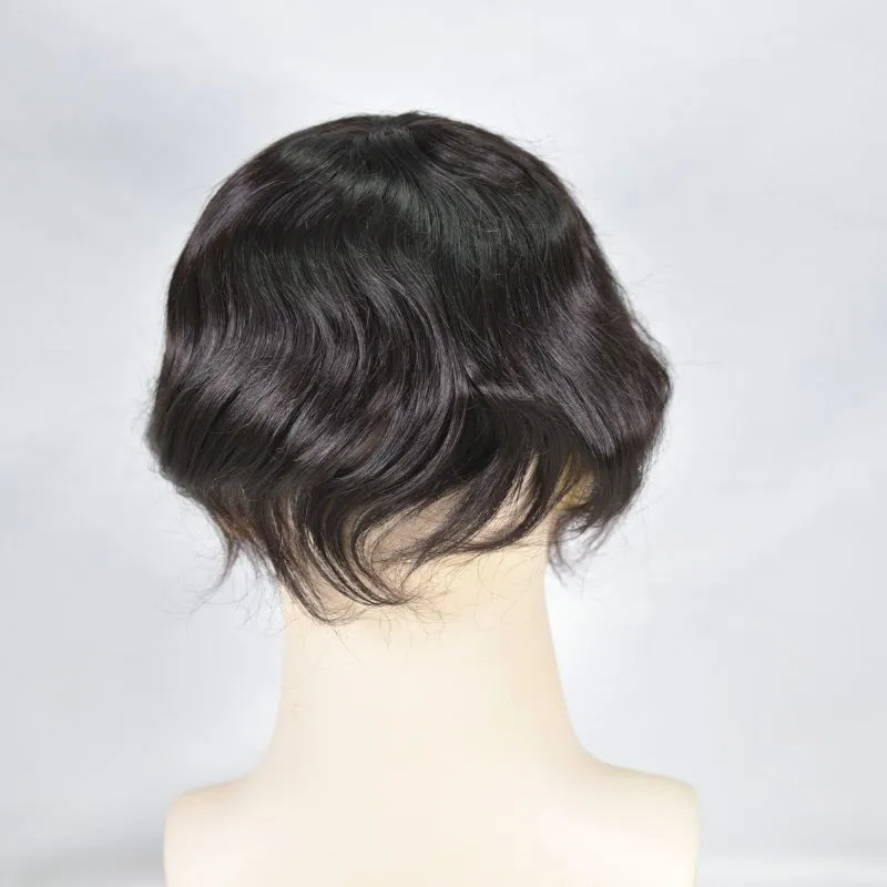 Men Toupee Durable Skin PU with Soft French Lace 1B# 100%  Human Hair Piece Natural Hairline Hair System 8x10 Hair Replacement