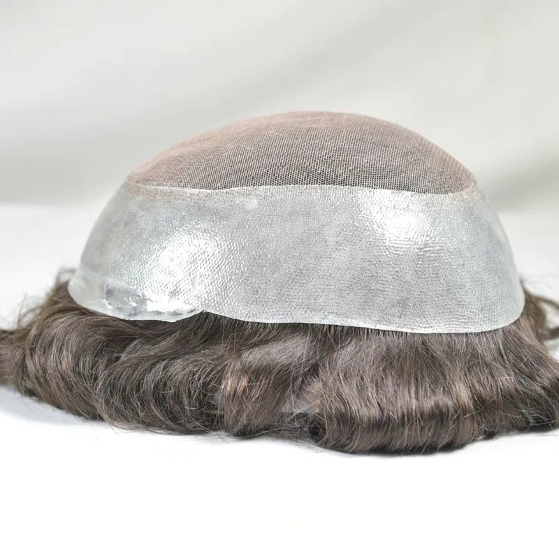 Men Toupee Durable Skin PU with Soft French Lace 2# Dark Brown 100%  Human Hair Piece Natural Hairline Hair System 8x10 Hair Replacement
