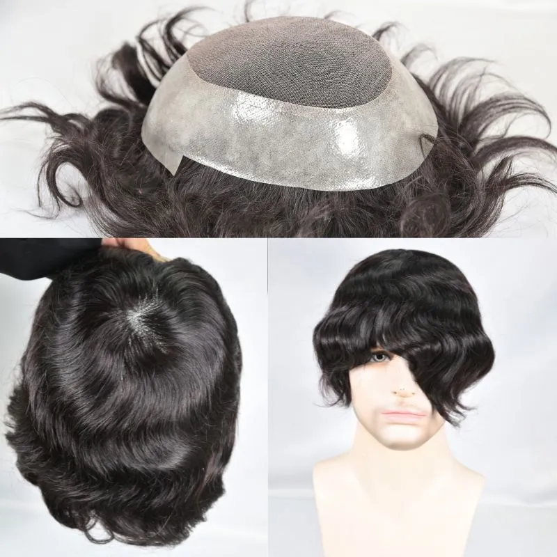 Men Toupee Durable Skin PU with Soft French Lace 1B# 100%  Human Hair Piece Natural Hairline Hair System 8x10 Hair Replacement