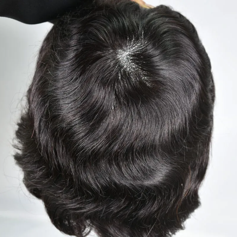 Men Toupee Durable Skin PU with Soft French Lace 1B# 100%  Human Hair Piece Natural Hairline Hair System 8x10 Hair Replacement