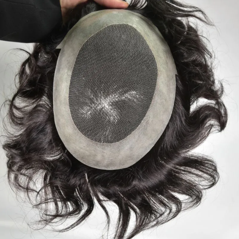 Men Toupee Durable Skin PU with Soft French Lace 1B# 100%  Human Hair Piece Natural Hairline Hair System 8x10 Hair Replacement