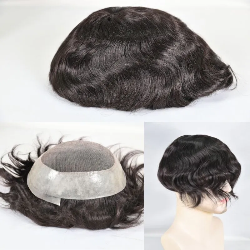Men Toupee Durable Skin PU with Soft French Lace 1B# 100%  Human Hair Piece Natural Hairline Hair System 8x10 Hair Replacement