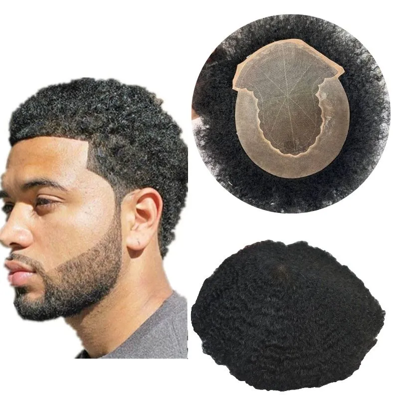 Men Toupee 360 6mm Afro Kinky Curly 100% Human Hair Lace with  PU Around Toupee for Men Natural Black Color 10X8 Inch Hair System