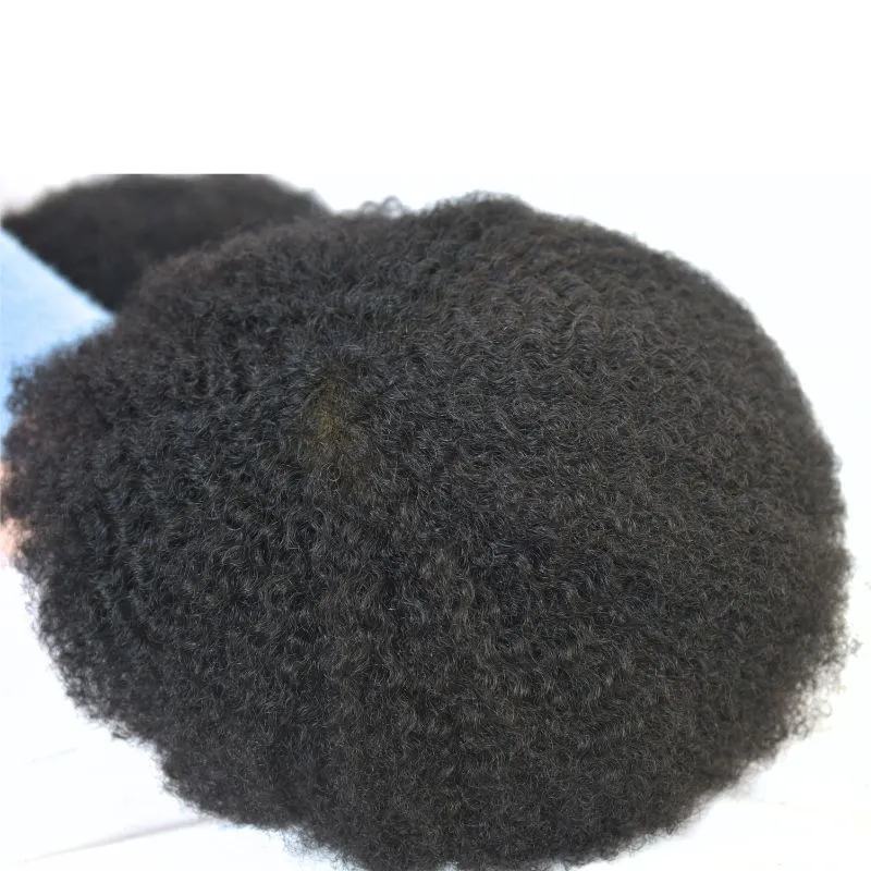 Men Toupee 360 6mm Afro Kinky Curly 100% Human Hair Lace with  PU Around Toupee for Men Natural Black Color 10X8 Inch Hair System