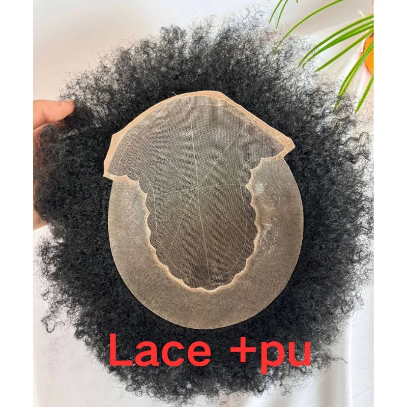 Men Toupee 360 6mm Afro Kinky Curly 100% Human Hair Lace with  PU Around Toupee for Men Natural Black Color 10X8 Inch Hair System