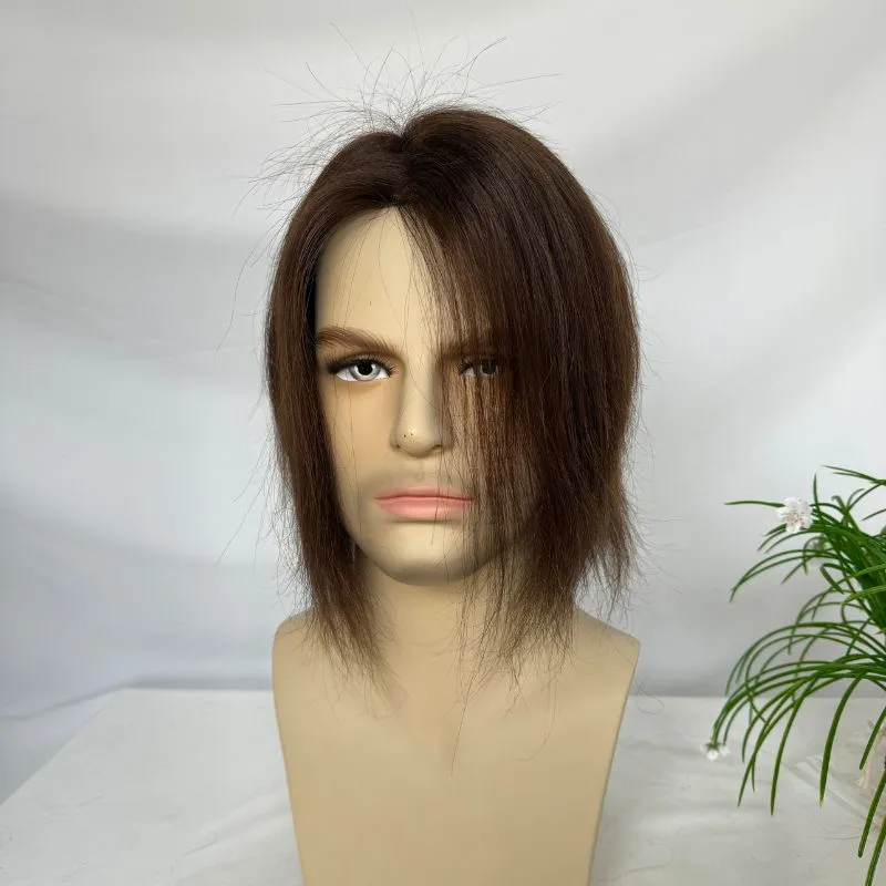 9 Inch  Mediun-Long Hair Men Toupee 8x6 Hairpieces for Men Mono with PU 100% European Human Hair System 3# Brown NPU Hair Replacement