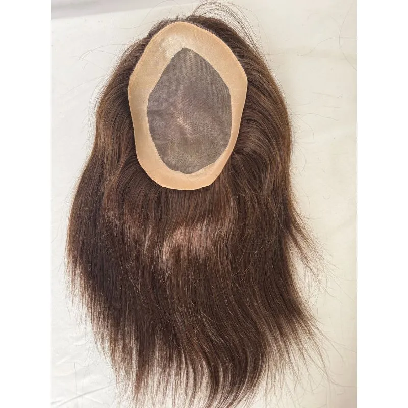 9 Inch  Mediun-Long Hair Men Toupee 8x6 Hairpieces for Men Mono with PU 100% European Human Hair System 3# Brown NPU Hair Replacement