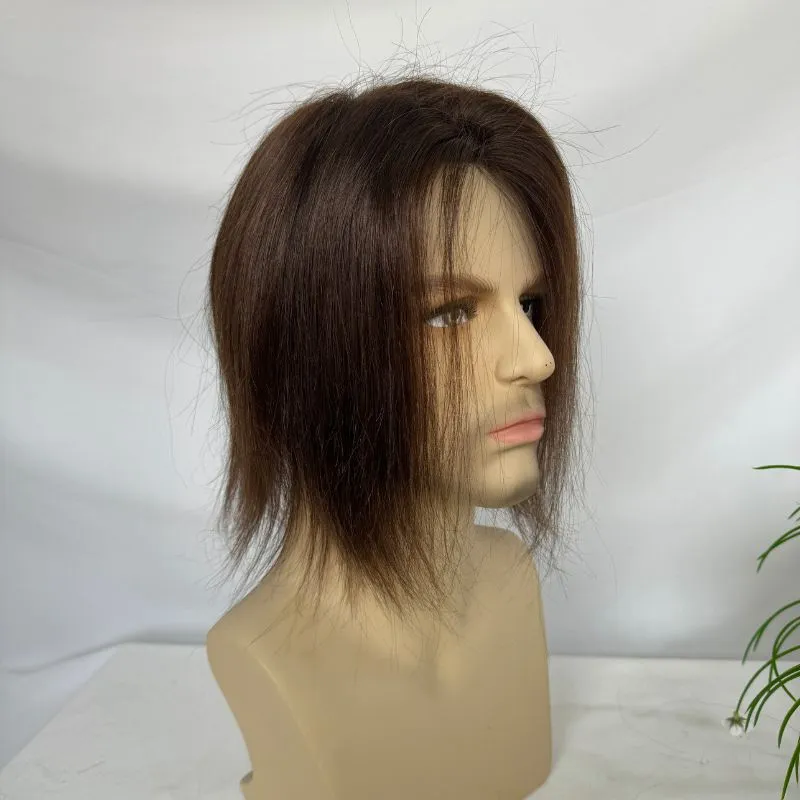 9 Inch  Mediun-Long Hair Men Toupee 8x6 Hairpieces for Men Mono with PU 100% European Human Hair System 3# Brown NPU Hair Replacement