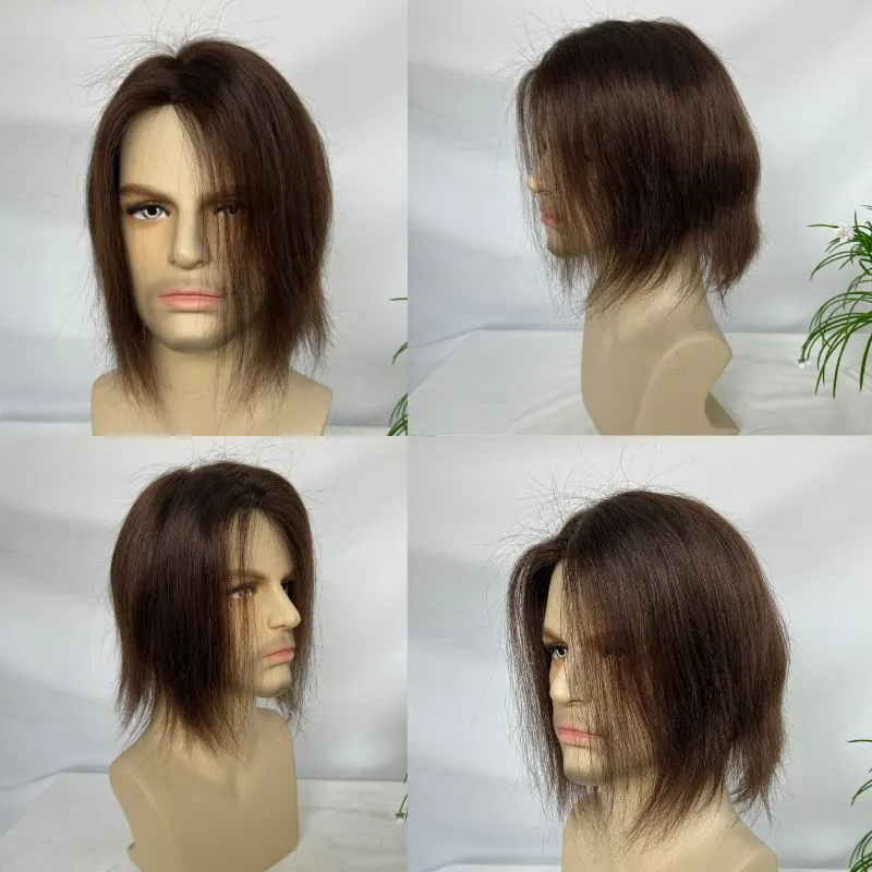 9 Inch  Mediun-Long Hair Men Toupee 8x6 Hairpieces for Men Mono with PU 100% European Human Hair System 3# Brown NPU Hair Replacement
