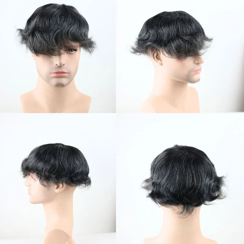 Men's Toupee Mono Base with Skin PU 1B20% Grey Hair 80% Black Human Hair Mixed with 20% White Synthetic Hair 8x10 Hairpiece Monofilament Net Base Hair System for Men