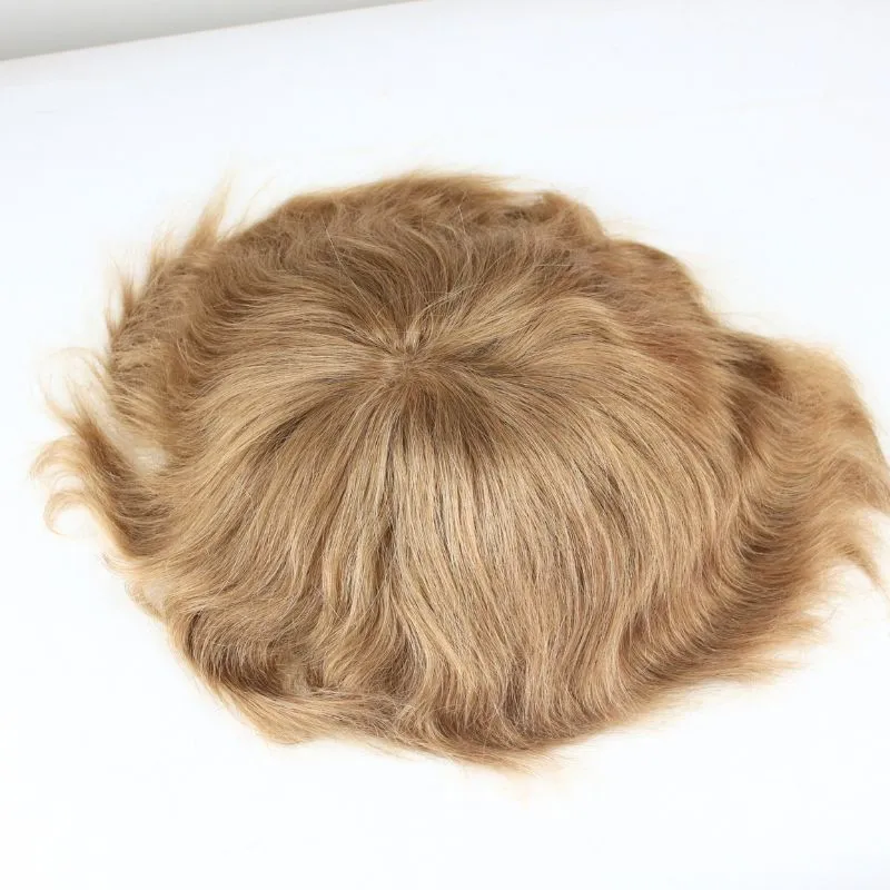 Men's Toupee 21# Blonde Mono Base with Skin PU Hair System 100% European Human Hair 8x10 Hairpiece Monofilament Net Base Hair Replacement for Men