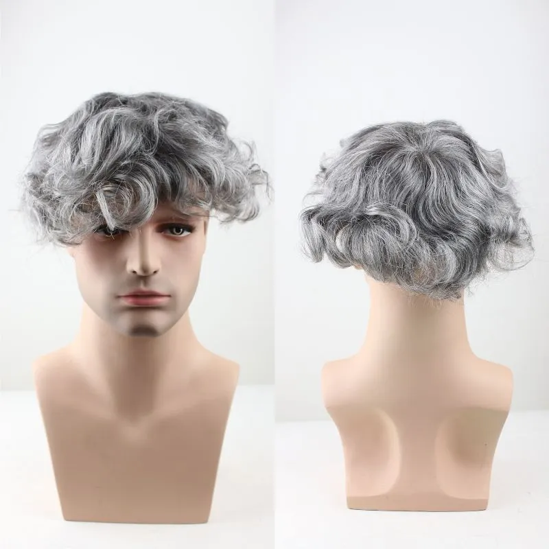 Men's Toupee Mono Base with Skin PU 260# Sliver Grey Hair 40% 2# Dark Brown Human Hair Mixed with 60% White Synthetic Hair 8x10 Hairpiece Monofilament Net Base Hair System for Men
