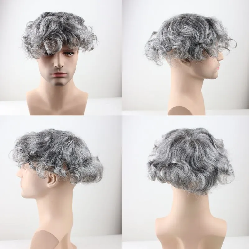 Men's Toupee Mono Base with Skin PU 260# Sliver Grey Hair 40% 2# Dark Brown Human Hair Mixed with 60% White Synthetic Hair 8x10 Hairpiece Monofilament Net Base Hair System for Men