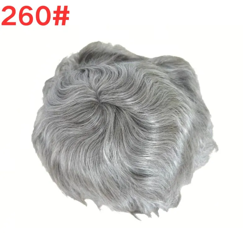 Men's Toupee Mono Base with Skin PU 260# Sliver Grey Hair 40% 2# Dark Brown Human Hair Mixed with 60% White Synthetic Hair 8x10 Hairpiece Monofilament Net Base Hair System for Men