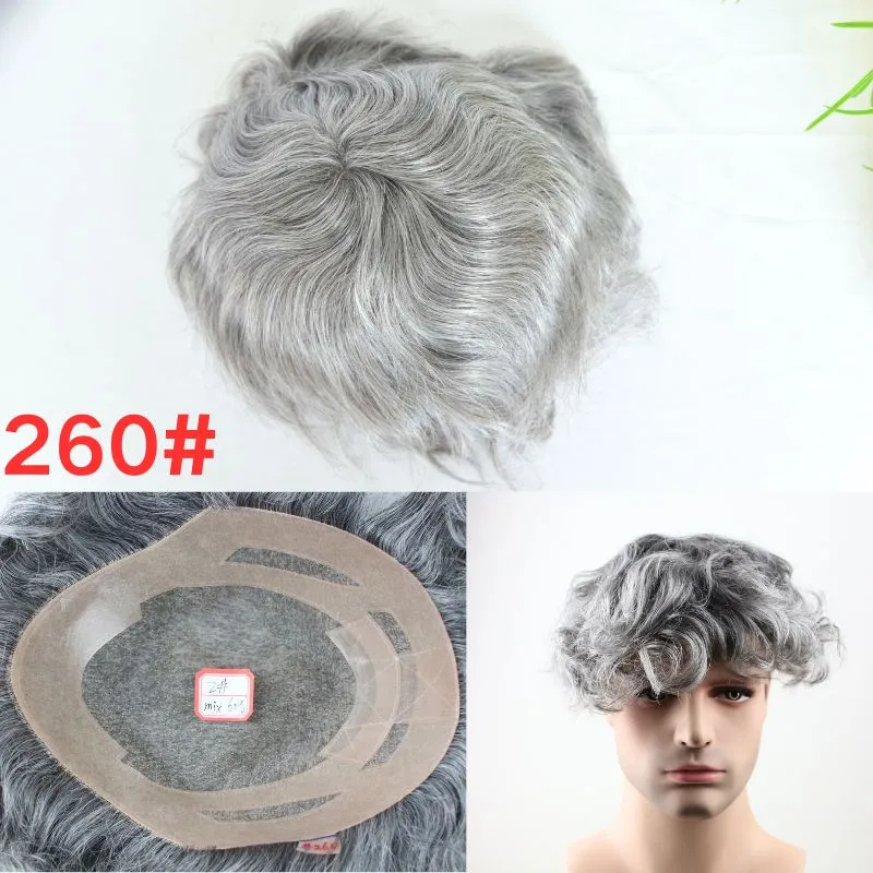 Men's Toupee Mono Base with Skin PU 260# Sliver Grey Hair 40% 2# Dark Brown Human Hair Mixed with 60% White Synthetic Hair 8x10 Hairpiece Monofilament Net Base Hair System for Men