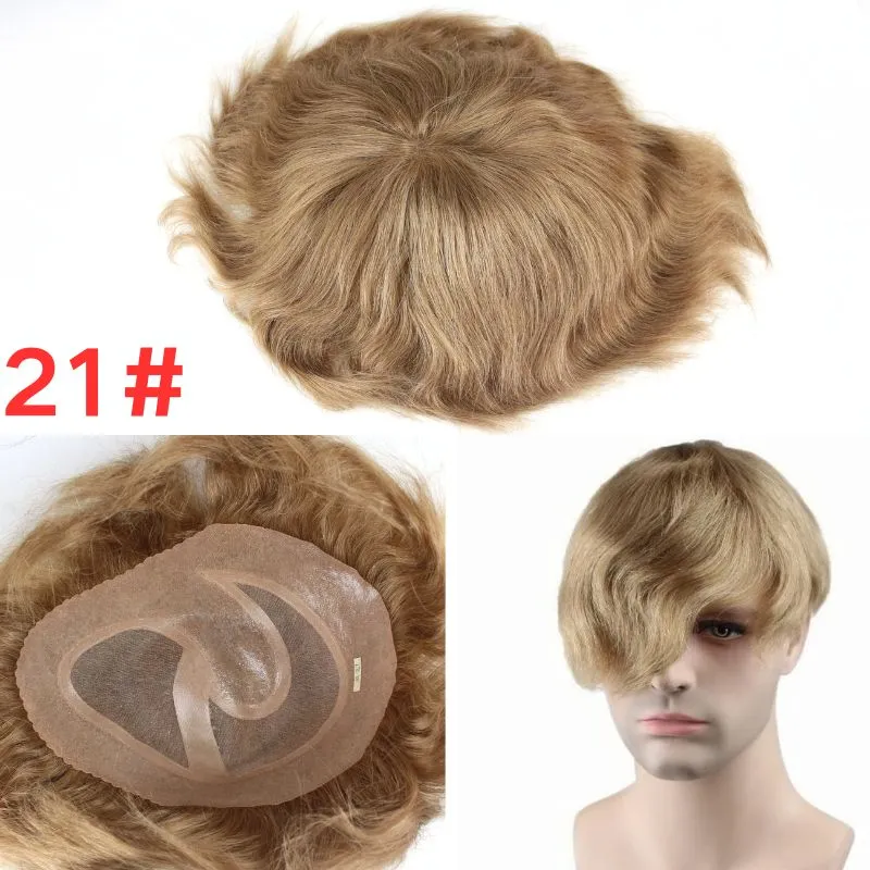 Men's Toupee 21# Blonde Mono Base with Skin PU Hair System 100% European Human Hair 8x10 Hairpiece Monofilament Net Base Hair Replacement for Men