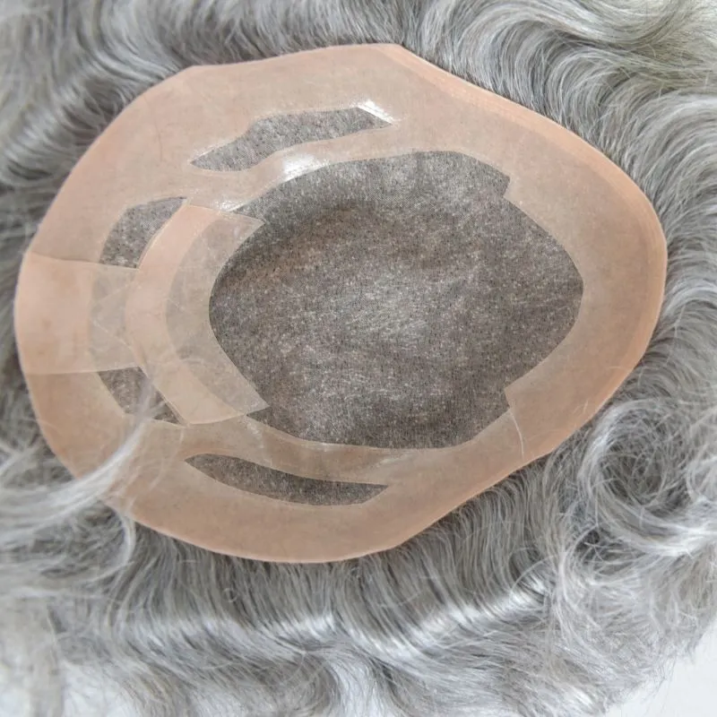 Men's Toupee Mono Base with Skin PU 260# Sliver Grey Hair 40% 2# Dark Brown Human Hair Mixed with 60% White Synthetic Hair 8x10 Hairpiece Monofilament Net Base Hair System for Men