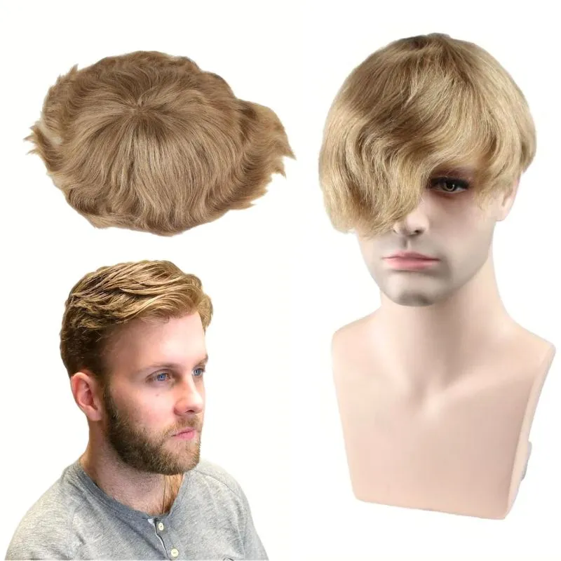 Men's Toupee 21# Blonde Mono Base with Skin PU Hair System 100% European Human Hair 8x10 Hairpiece Monofilament Net Base Hair Replacement for Men