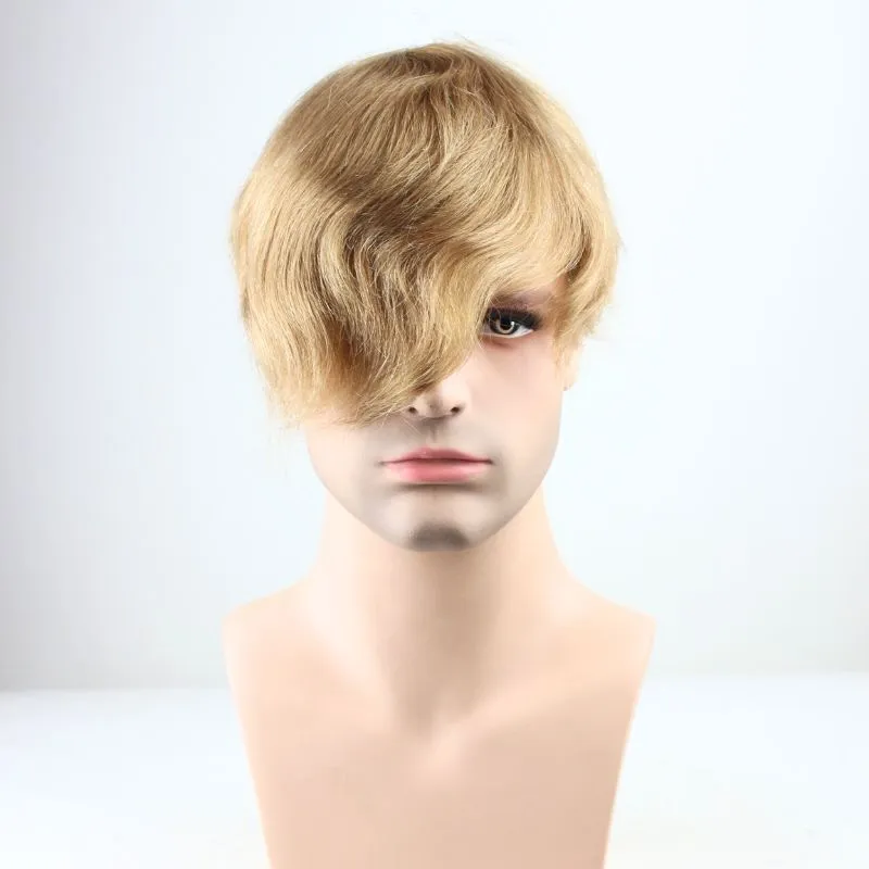 Men's Toupee 21# Blonde Mono Base with Skin PU Hair System 100% European Human Hair 8x10 Hairpiece Monofilament Net Base Hair Replacement for Men