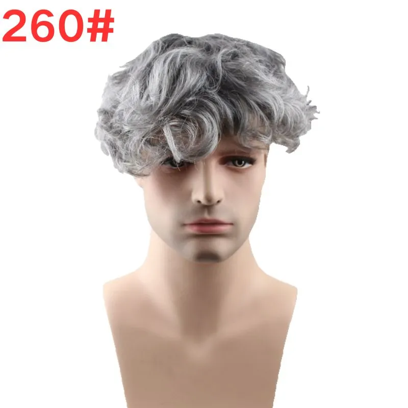 Men's Toupee Mono Base with Skin PU 260# Sliver Grey Hair 40% 2# Dark Brown Human Hair Mixed with 60% White Synthetic Hair 8x10 Hairpiece Monofilament Net Base Hair System for Men