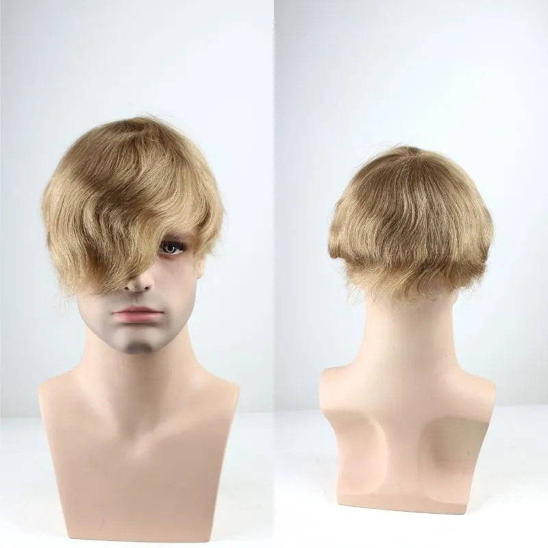 Men's Toupee 21# Blonde Mono Base with Skin PU Hair System 100% European Human Hair 8x10 Hairpiece Monofilament Net Base Hair Replacement for Men