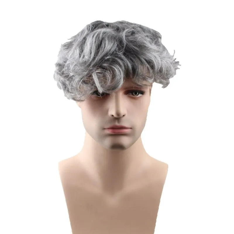 Men's Toupee Mono Base with Skin PU 260# Sliver Grey Hair 40% 2# Dark Brown Human Hair Mixed with 60% White Synthetic Hair 8x10 Hairpiece Monofilament Net Base Hair System for Men