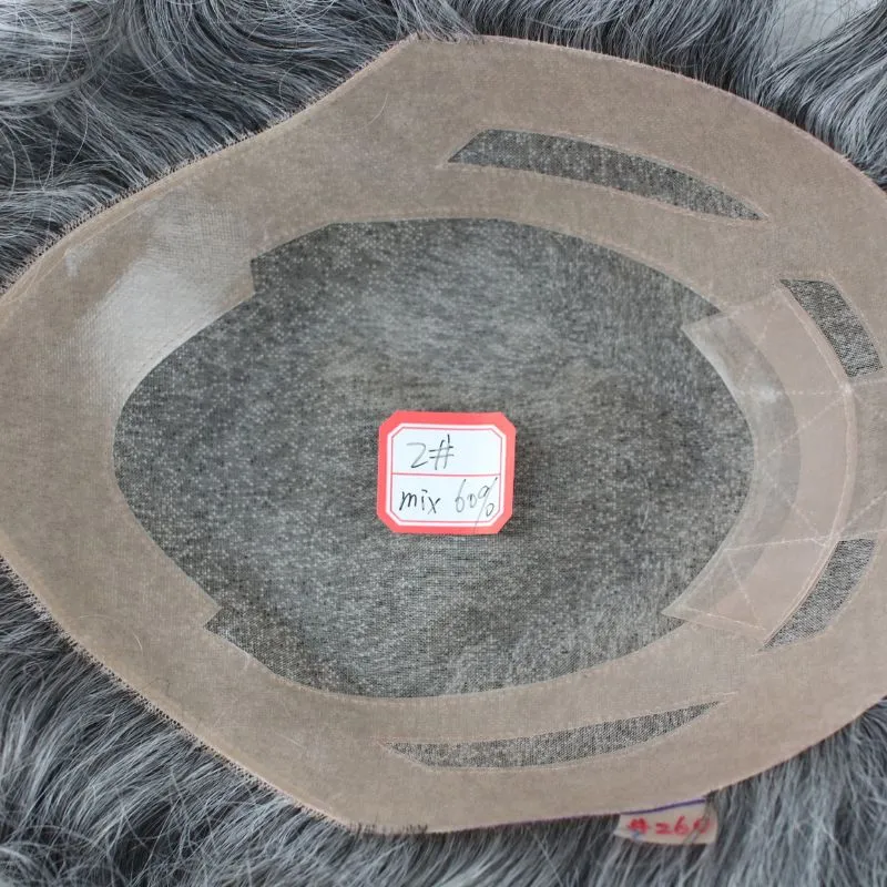 Men's Toupee Mono Base with Skin PU 260# Sliver Grey Hair 40% 2# Dark Brown Human Hair Mixed with 60% White Synthetic Hair 8x10 Hairpiece Monofilament Net Base Hair System for Men