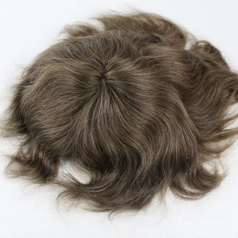 Men's Toupee Mono with Skin PU 705# 95% 7# Brown Human Hair Mixed with 5% White Synthetic Hair 8x10 Hairpiece Monofilament Net Base Hair System for Men