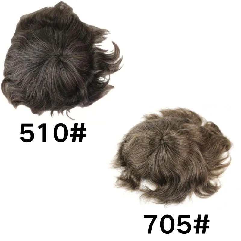 Men's Toupee Mono with Skin PU 705# 95% 7# Brown Human Hair Mixed with 5% White Synthetic Hair 8x10 Hairpiece Monofilament Net Base Hair System for Men
