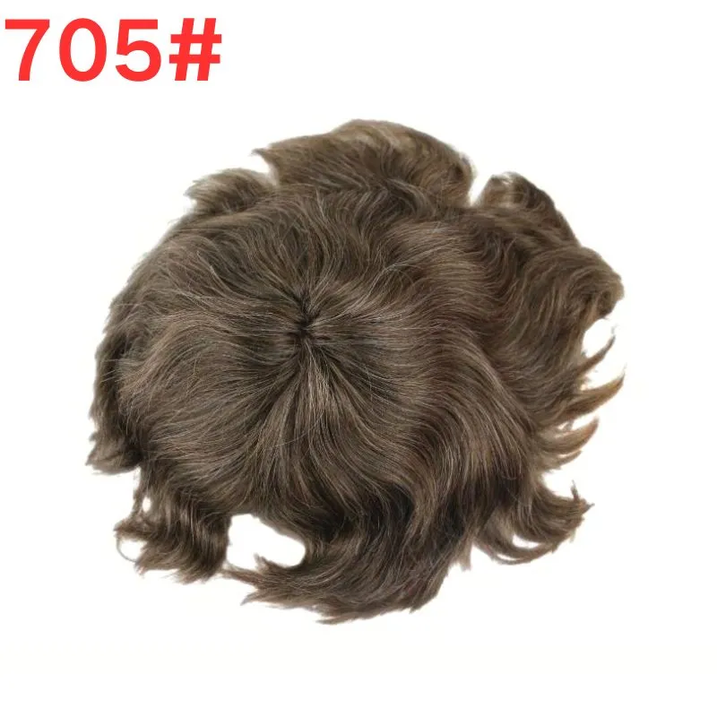 Men's Toupee Mono with Skin PU 705# 95% 7# Brown Human Hair Mixed with 5% White Synthetic Hair 8x10 Hairpiece Monofilament Net Base Hair System for Men