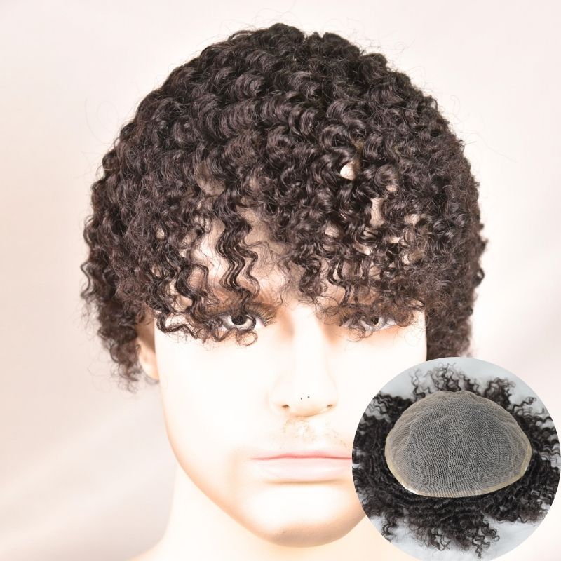 Afro Men‘s Toupee Afro Wave 12mm 100% Human Hair Full French Lace Toupee for Men Natural Black Color 10X8 Inch Hair System