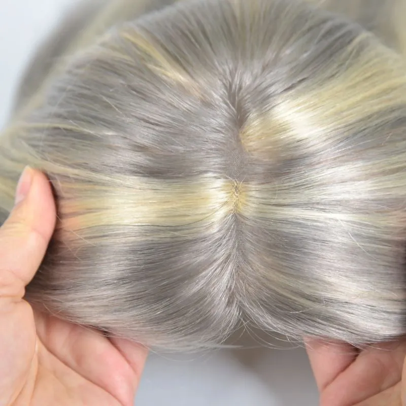 4x6 Inch Mono Lace with PU  Closure Grey Color Women Toupee Hair Toppers 100% European Human Hair Hairpieces Clip in Hair System 12 Inch Hair Replacement