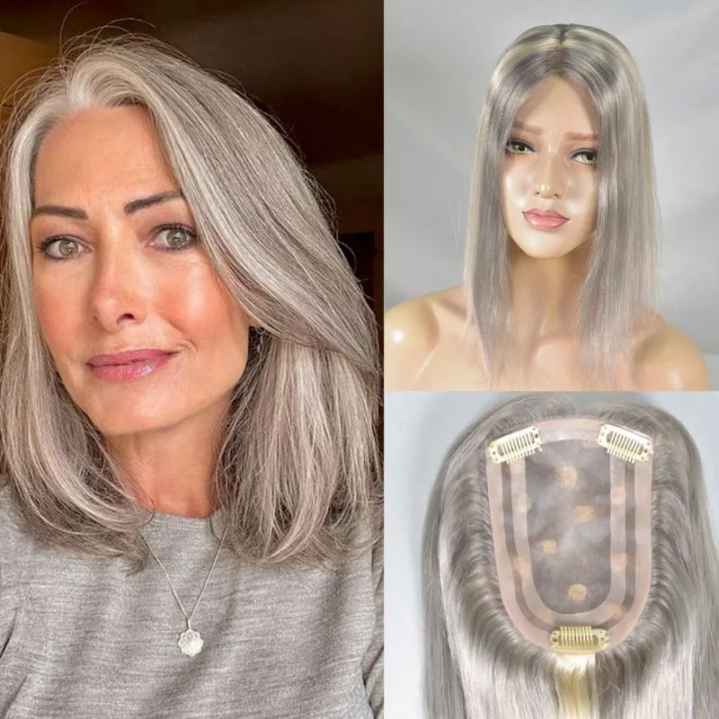 4x6 Inch Mono Lace with PU  Closure Grey Color Women Toupee Hair Toppers 100% European Human Hair Hairpieces Clip in Hair System 12 Inch Hair Replacement
