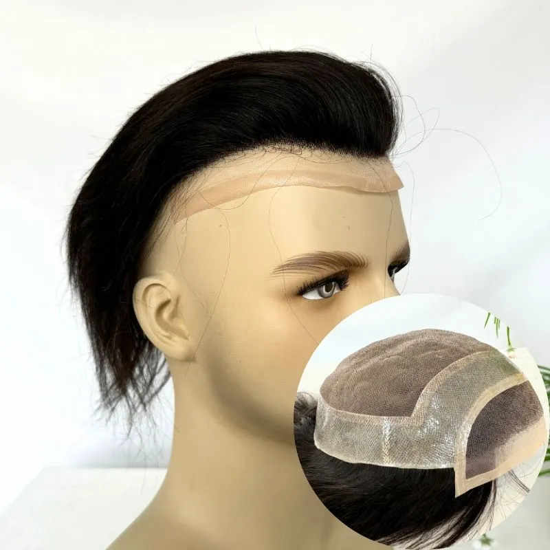 Men 's Toupee Mono Base with PU Toupee for Men 100% Virgin Indian Human Remy Hair Prosthesis 1B Mix 40% Synthetic Grey Hair System 8x10 Inch Hair Replacement  Bleached Knots