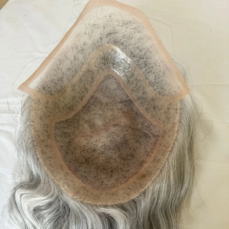 Men 's Toupee Mono Base with PU Toupee for Men 100% Virgin Indian Human Remy Hair Prosthesis 1B Mix 40% Synthetic Grey Hair System 8x10 Inch Hair Replacement  Bleached Knots