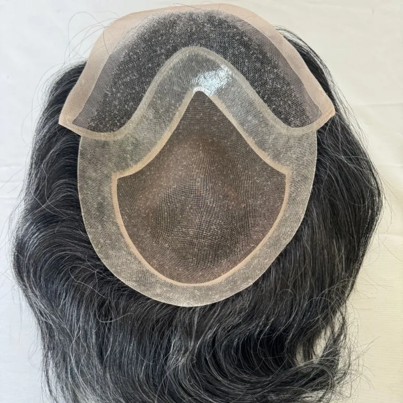 Men 's Toupee Mono Base with PU Toupee for Men 100% Virgin Indian Human Remy Hair Prosthesis 1B Mix 40% Synthetic Grey Hair System 8x10 Inch Hair Replacement  Bleached Knots