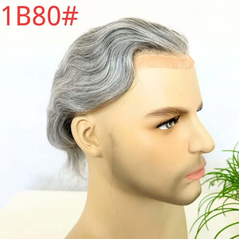 Men 's Toupee Mono Base with PU Toupee for Men 100% Virgin Indian Human Remy Hair Prosthesis 1B Mix 40% Synthetic Grey Hair System 8x10 Inch Hair Replacement  Bleached Knots