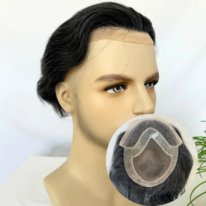 Men 's Toupee Mono Base with PU Toupee for Men 100% Virgin Indian Human Remy Hair Prosthesis 1B Mix 40% Synthetic Grey Hair System 8x10 Inch Hair Replacement  Bleached Knots