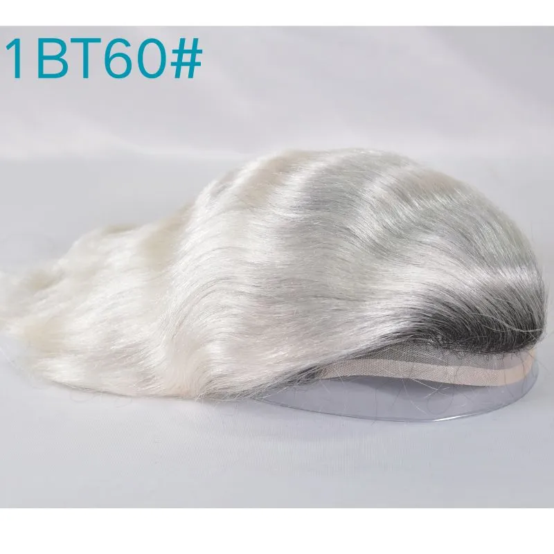 Men 's Toupee Mono Base with PU Toupee for Men 100% Virgin Indian Human Remy Hair Prosthesis 1B Mix 40% Synthetic Grey Hair System 8x10 Inch Hair Replacement  Bleached Knots