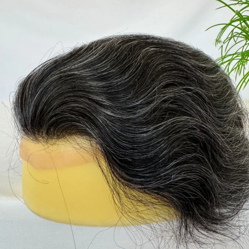 Men 's Toupee Mono Base with PU Toupee for Men 100% Virgin Indian Human Remy Hair Prosthesis 1B Mix 40% Synthetic Grey Hair System 8x10 Inch Hair Replacement  Bleached Knots