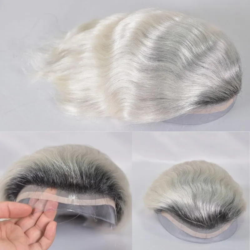 Men 's Toupee Mono Base with PU Toupee for Men 100% Virgin Indian Human Remy Hair Prosthesis 1B Mix 40% Synthetic Grey Hair System 8x10 Inch Hair Replacement  Bleached Knots