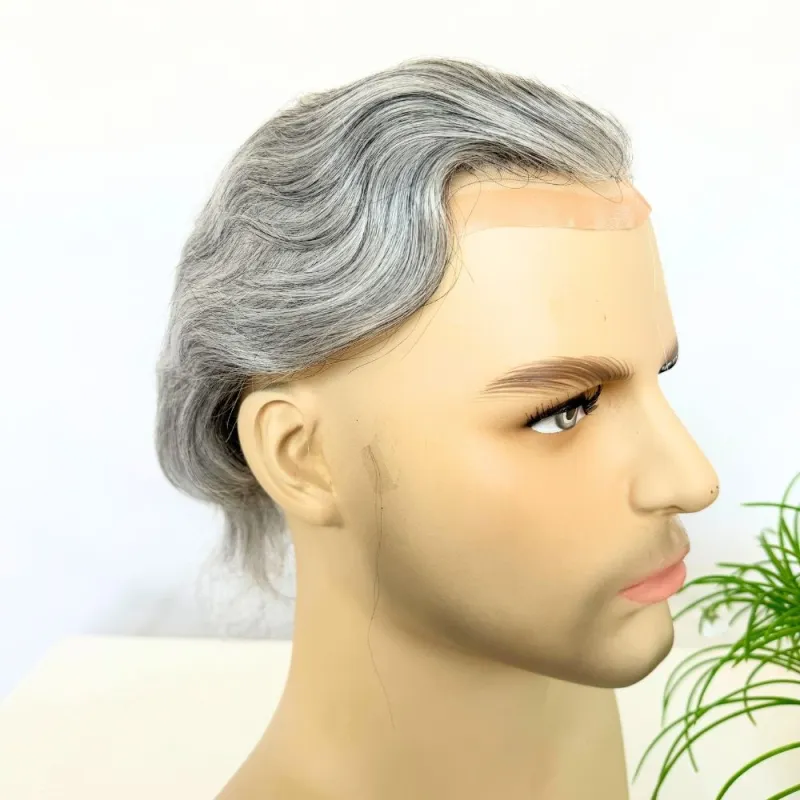 Men 's Toupee Mono Base with PU Toupee for Men 100% Virgin Indian Human Remy Hair Prosthesis 1B Mix 40% Synthetic Grey Hair System 8x10 Inch Hair Replacement  Bleached Knots