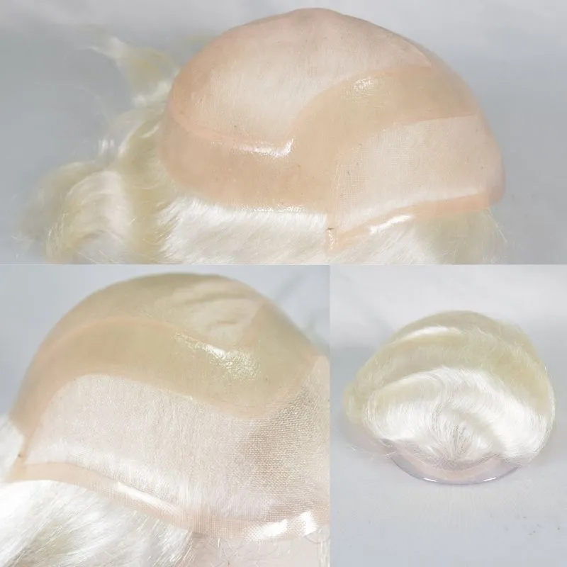 Men 's Toupee Mono Base with PU Toupee for Men 100% Virgin Indian Human Remy Hair Prosthesis 1B Mix 40% Synthetic Grey Hair System 8x10 Inch Hair Replacement  Bleached Knots