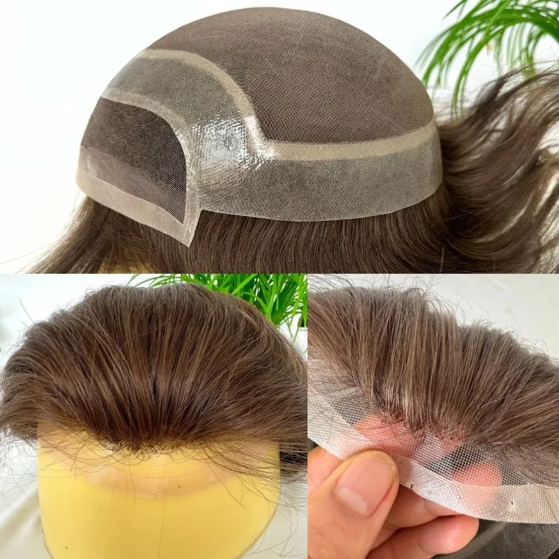 Men 's Toupee Mono Base with PU Toupee for Men 100% Virgin Indian Human Remy Hair Prosthesis 1B Mix 40% Synthetic Grey Hair System 8x10 Inch Hair Replacement  Bleached Knots
