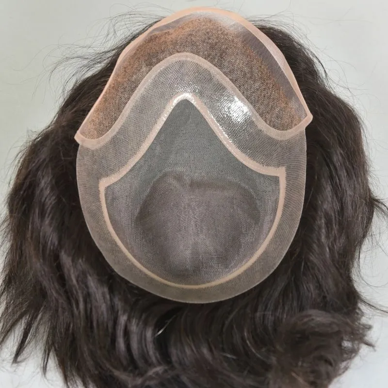 Men 's Toupee Mono Base with PU Toupee for Men 100% Virgin Indian Human Remy Hair Prosthesis 1B Mix 40% Synthetic Grey Hair System 8x10 Inch Hair Replacement  Bleached Knots