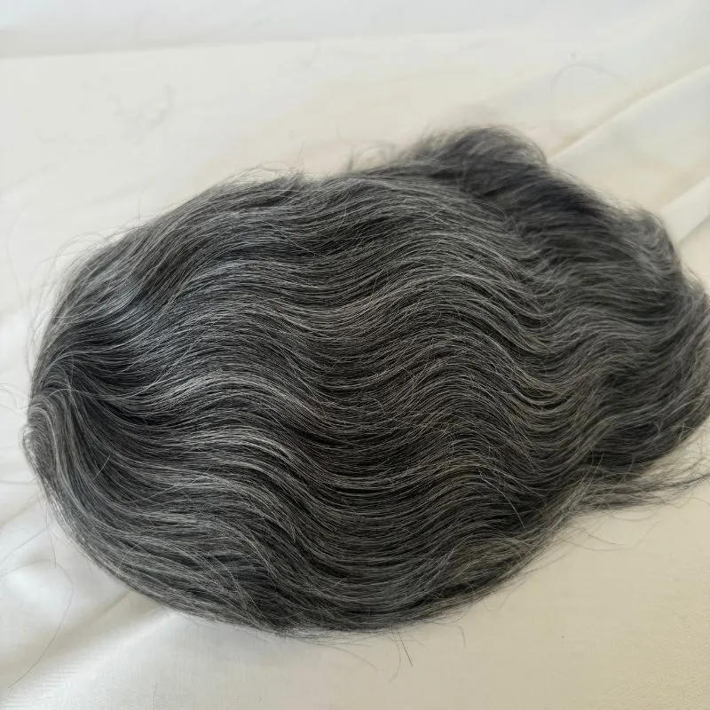Men 's Toupee Mono Base with PU Toupee for Men 100% Virgin Indian Human Remy Hair Prosthesis 1B Mix 40% Synthetic Grey Hair System 8x10 Inch Hair Replacement  Bleached Knots